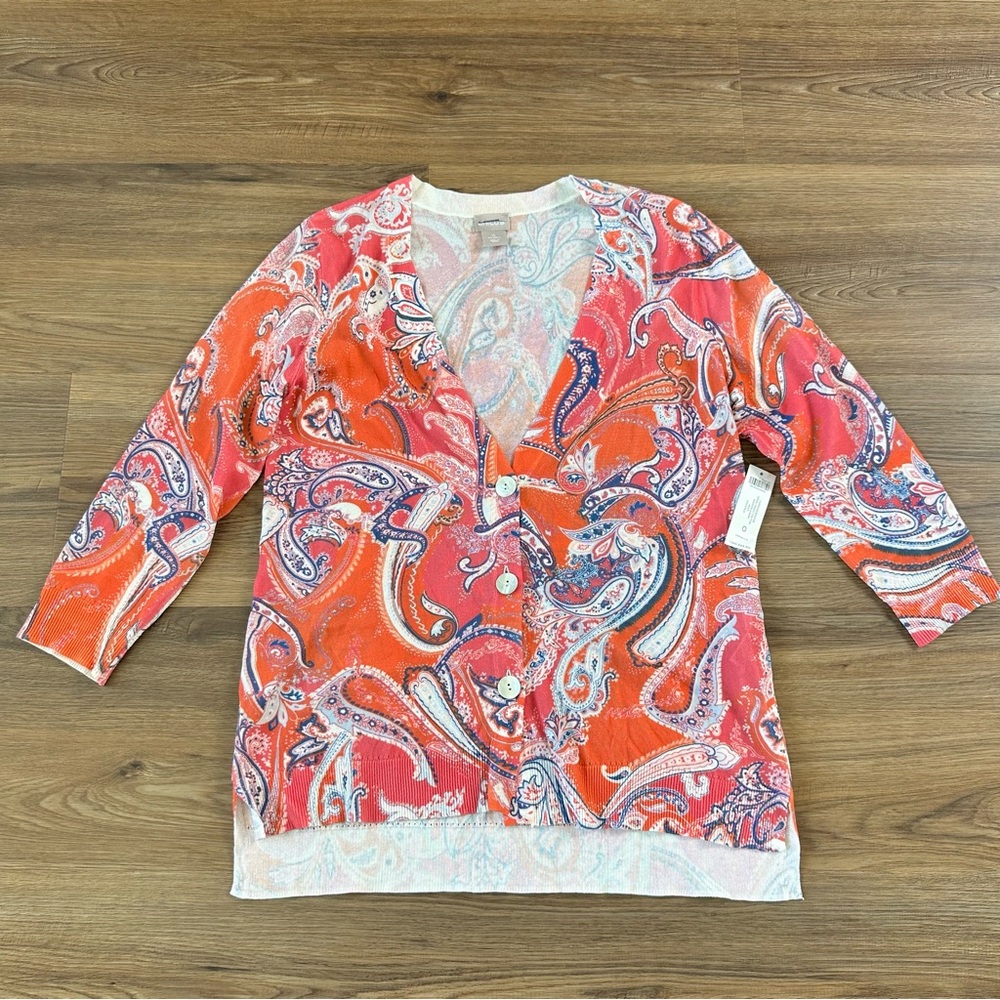 Chicos Lightweight Cardigan Sweater Paisley‎ Pink Orange 0 Small 3/4 Sleeve NEW